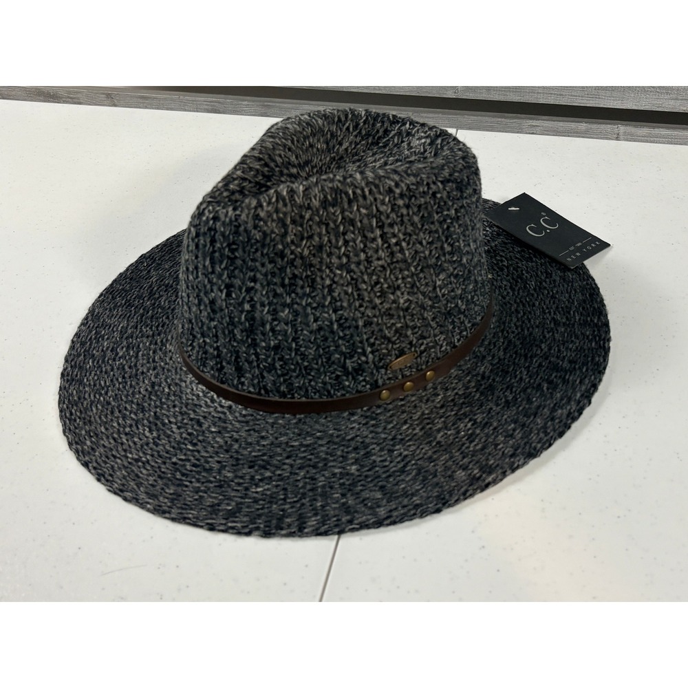 C.C. New York Mens Knit Fedora Hat Black Grey Marled Wide Brim Studded Band NEW